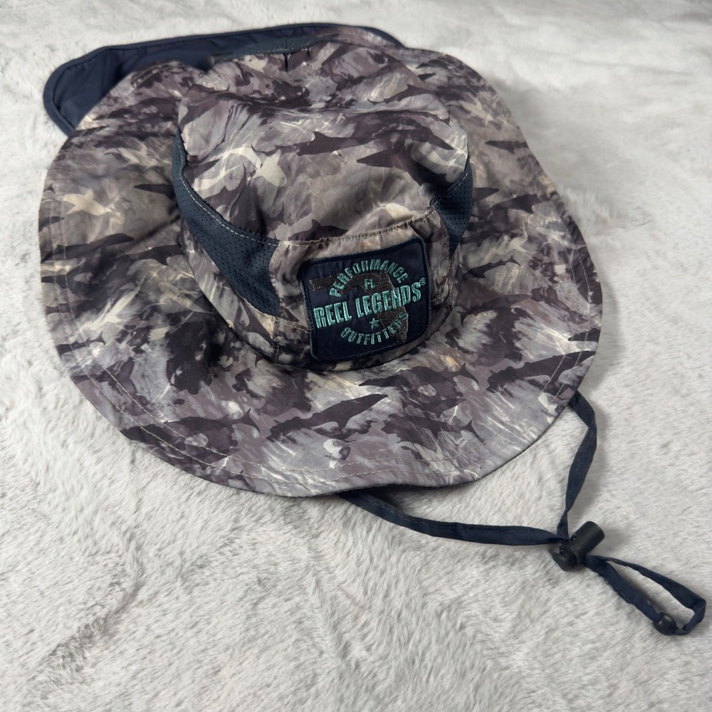 Reel Legends Mens Shark Camo Sun Hat Removable Neck Flap Grey Navy Blue One Size